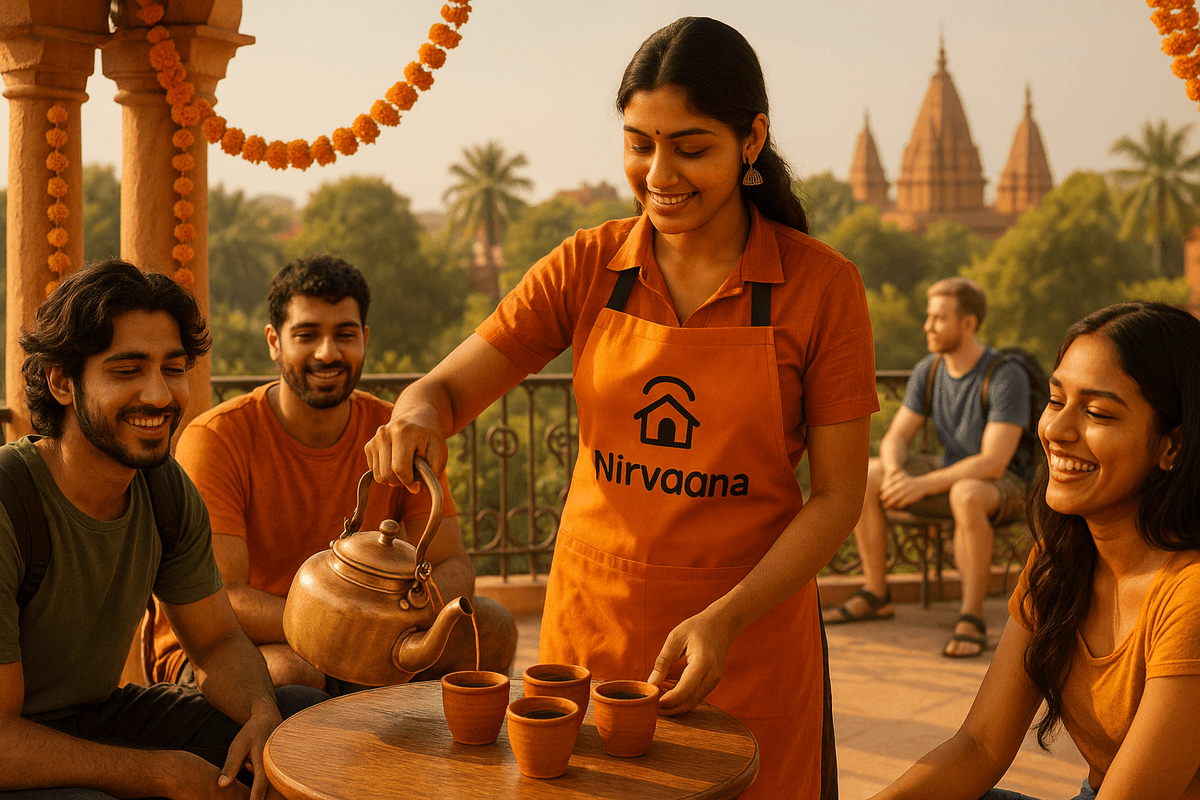 Free chai on the terracotta terrace at Nirvaana Hostels
